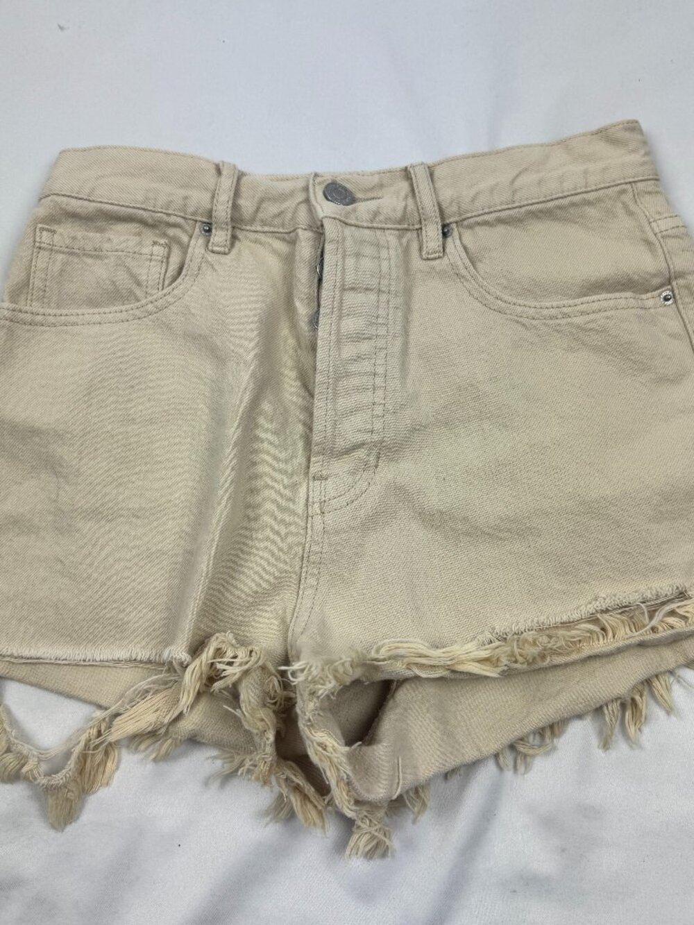 PacSun Vintage High Rise Denim Shorts Womens 26 Tan Beige Raw Hem Button Fly